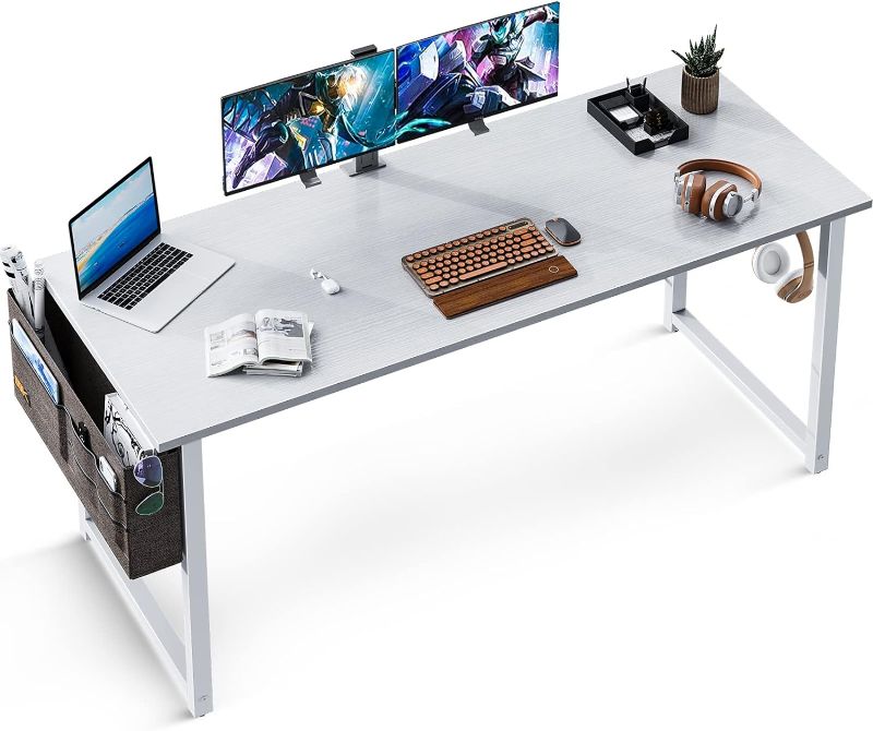 Photo 1 of ODK Computer Writing Desk 55 inch, Sturdy Home Office Table, Work Desk with A Storage Bag and Headphone Hook, White + White Leg
