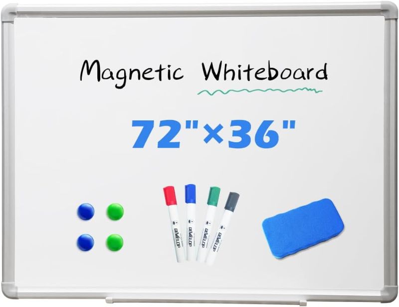 Photo 1 of Large Magnetic Dry Erase Board, 72" X 36", Hanging Whiteboard for Home Office School Supplies, Silver Aluminium Frame with Detachable Marker Tray, 4 Markers, 1 Eraser and 4 Magnets
