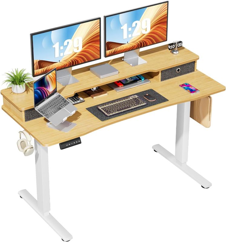 Photo 1 of 55 Inch Electric Standing Desk with Double Drawers, Adjustable Height Stand Up Desk, Sit Stand Home Office Desk with Monitor Stand, Computer Workstation with Storage Shelf
