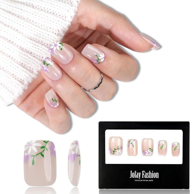 Photo 1 of 2 PACK // Press on Nails Short, Jofay Fashion Artificial Valentines Fake Nails with Designs - Purple Flower, Natural Acrylic False Nails with Glue, Stick on Nails for Women & Girls Gift, Soft Gel Glue on Nails
