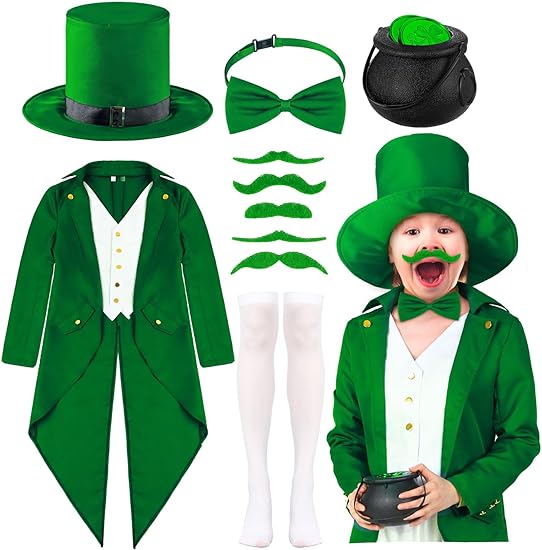 Photo 1 of Geyoga Kids St. Patrick's Day Costume Set Irish Leprechaun Outfits Tailcoat Waistcoat Leprechaun Hat Patrick Day Accessories
