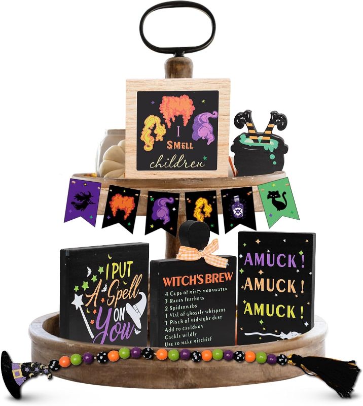 Photo 1 of 14 Pcs Halloween Tiered Tray Decor - Farmhouse Rustic Tray Decoration - Wooden Beads Garland Signs Decoration - Cute Witch Cauldron Decorations for Indoor Home Table Decor Halloween Party Favors
