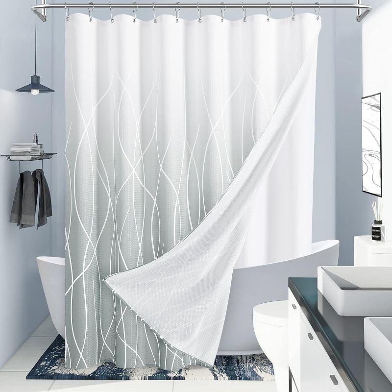 Photo 1 of 84 inch Shower Curtain Light Grey Shower Curtain with Liner Modern Double Layer Shower Curtains for Bathroom White and Grey Shower Curtain Set with Snap-in Fabric Liner 72x84
