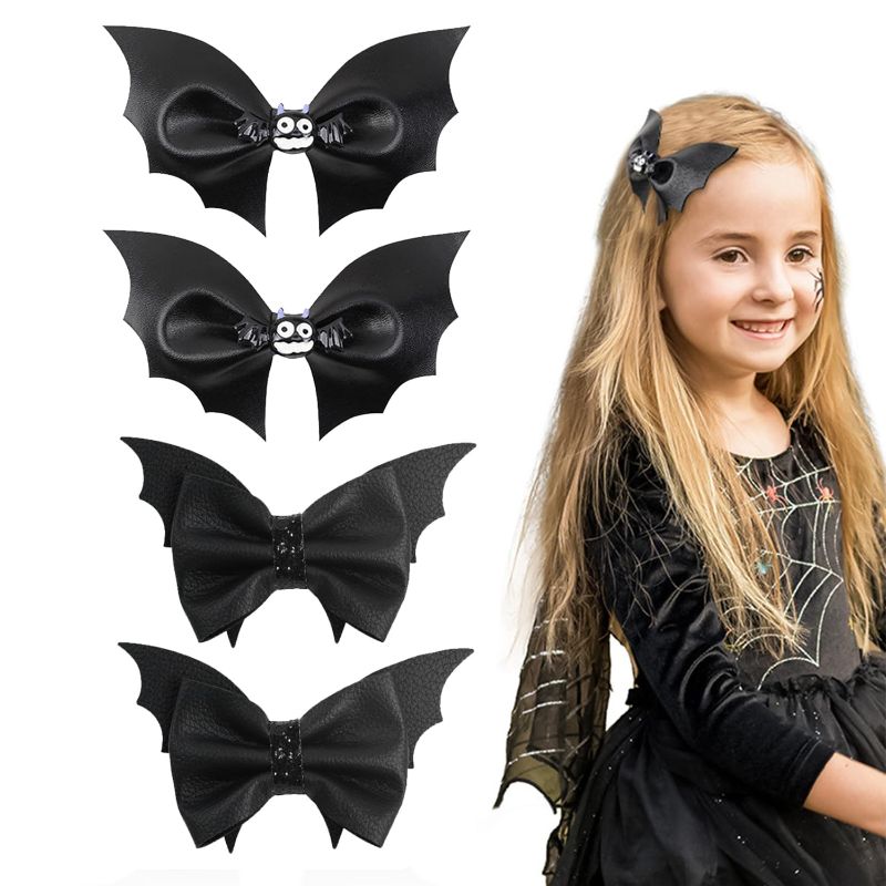 Photo 1 of Halloween Bat Hair Clips 4 PCS Black PU Leather Hair Bow Clips Hair Accessories for Girls Women Cosplay Costume
