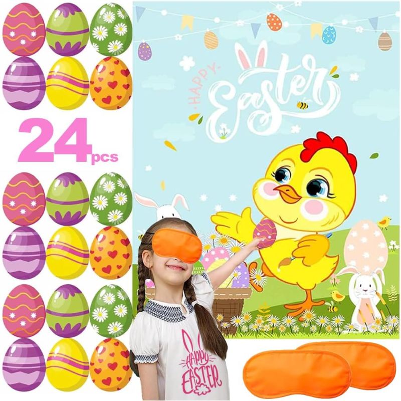 Photo 1 of Easter Games, Pin The Egg On The Chicken with Stickers Party Favors, Large Easter Goodies Eggs Poster Decorations, Birthday Party Decor Supplies for Kids Teens Adults Family Indoor Outdoor Activities
