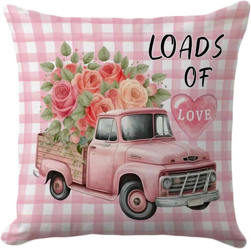 Photo 1 of 18x18 Inch Valentine's Day Pillow Cover - Romantic Pink Truck with Floral Bouquet Design - Vintage Farmhouse Style Cushion Case for Home Decor, Sofa, and Couch - Ideal for Anniversaries & Celebrations
