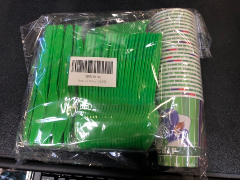 Photo 1 of Football Party Supplies Kit Serve 24, Includes Paper Plates, Napkins, Cups, Knives, Forks and Spoons for Football Birthday Party Football Gameday Super Bowl Decorations