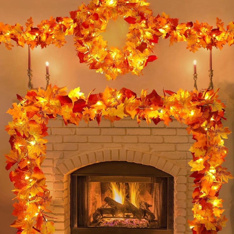 Photo 1 of 2 Pack Fall Decor for Home Thanksgiving Decorations Lighted Fall Garland Maple Leaves Total 11.8FT 40 LED Battery Operated Indoor Outdoor String Lights Garland Autumn Harvest Party Halloween Décor
