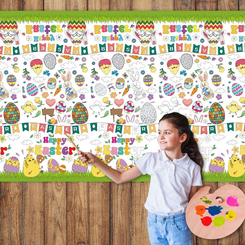 Photo 1 of 1PC Easter Giant Coloring Poster/Tablecloth - Bunny Egg Chick Crafts for Kids - 108 x 54 Inches Jumbo Paper Coloring Table cover Kids Gifts Activities Toys Party Classroom Easter Spring Decorations
