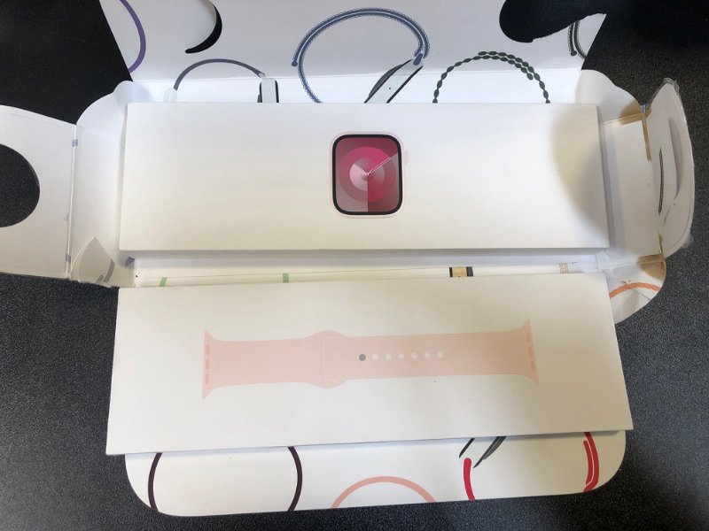 Photo 3 of ++DAMAGED BOX, ITEM IS IN GOOD CONDITION++  Apple Watch Series 9 [GPS 41mm] Smartwatch with Pink Aluminum Case with Pink Sport Band S/M. Fitness Tracker, Blood Oxygen & ECG Apps, Always-On Retina Display Pink Aluminum Case with Light Pink Sport Band 41mm 