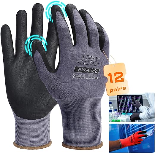 Photo 1 of GREY, L Work Gloves with Micro Foam Nitrile Coated, Touch Screen Compatible,US Patent Seamless Knit Nylon Safety Gloves
