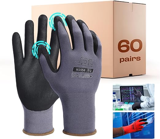 Photo 1 of 60 PACK GREY, M Work Gloves with Micro Foam Nitrile Coated, Touch Screen Compatible,US Patent Seamless Knit Nylon Safety Gloves
