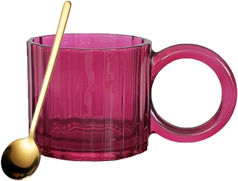 Photo 1 of 8oz Vintage Glass Stackable Coffee Mugs,Embossed Cups for Latte,Cappuccino,Cereal,Dessert,Yogurt,Beverage Hot/Cold,Easy to Clean & Hold,Gift (Fushia-Stripe)
