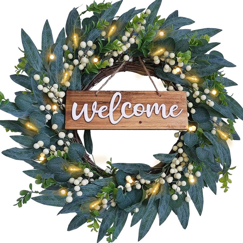 Photo 1 of Artificial Eucalyptus Wreath, 20 Inch Green Leaf Wreath with Berries, Spring Summer Garland with Welcome Sign for Front Door Window Home Decor
