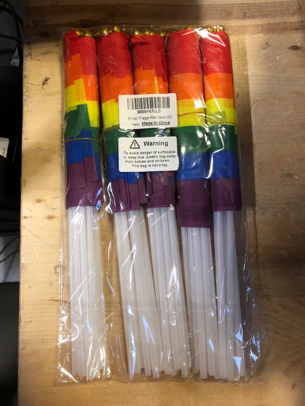 Photo 2 of 50 Pcs Rainbow Pride Flags 8.3” x 5.5” Mini Small LGBT Gay Hand Held Stick Flags Party Decorations Supplies For Mardi Gras Parades,Rainbow Festival (Rainbow)