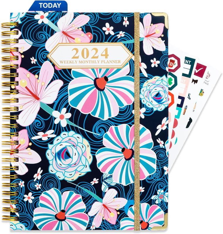 Photo 1 of 2024 Planner Weekly&Monthly Calendar Book Monthly Weekly Daily Planner To Do List Spiral Planner Notebook Includes Elastic Closure Monthly Tabs Inner Pocket Bookmark Stickers
