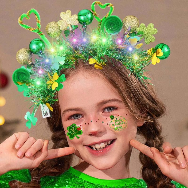 Photo 1 of 2 PACK // Jovono Light Up St.Patrick's Day Headband LED Shamrock Headbands Irish Clover Hair Accessories for Women and Girls (Set A)
