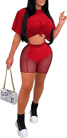 Photo 1 of SIZE S Ekaliy Womens Casual Two Piece Pants Outfits Short Sleeve Crop Top and Mesh Leggings Sets Club Romper
