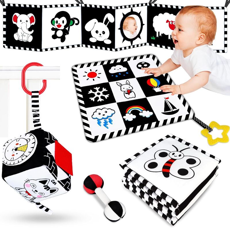 Photo 1 of 4 Pcs Baby Toys 0-3 Months Black and White High Contrast Newborn Toys - Tummy Time Toys Montessori Toys for Babies 0 3 6 9 Months - Infant Sensory Soft Book Toys for Babies Girls Boys Baby Gifts
