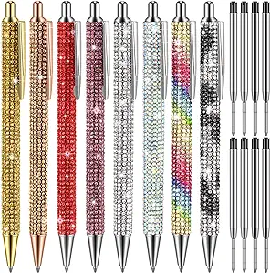Photo 1 of Lincia 8 Set Diamond Pens Rhinestone Bling Metal Ballpoint Pens Fancy Sparkly Colorful Pens Crystal Bling Retractable Black Ink Pen with 8 Pcs Pen Refills for Women Girl Office 1mm
