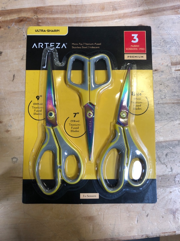 Photo 2 of Arteza Fabric Scissors, Set of 3 – 7, 8.25, and 9 Inches, Titanium-Coated Stainless Steel Scissors with Micro Tips, Sewing Supplies for Leather, Dressmaking, and Professional Crafting