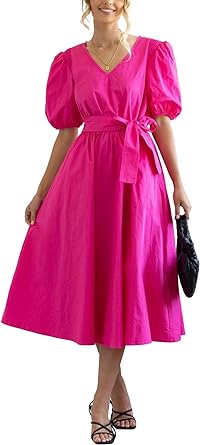 Photo 1 of Rooscier Women's V Neck Puff Short Sleeve The W
aist Ruched Ruffle A Line Belted Midi Dress Rose
Medium