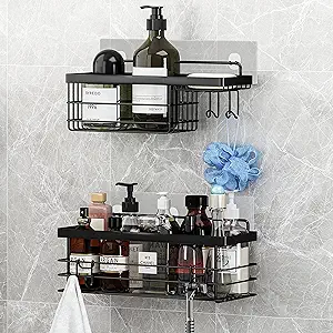 Photo 1 of KESOL Shower Caddy and Soap Dish with Hooks Shower Shelf Shower Organizer, No Drilling Adhesive Wall Mounted Bathroom Shelf, Rustproof SUS304 Stainless Steel (2 Pack) Black
