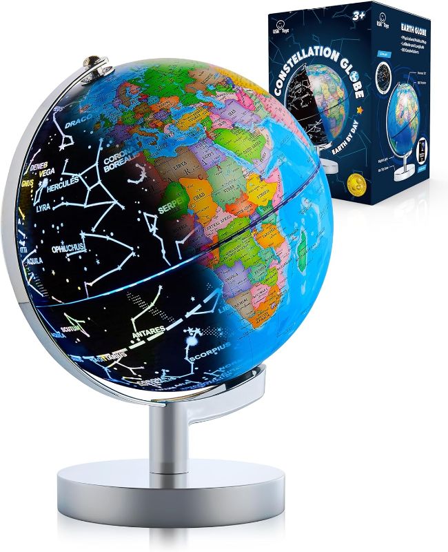 Photo 1 of USA Toyz Illuminated Globe for Kids Learning- Globes of the World with Stand 3-in-1 STEM Kids Globe, Constellation Night Light Desk World Globe Lamp Built-in LED Light, Non-Tip Metal Base, 9.75” Tall