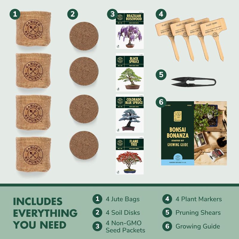 Photo 1 of Bonsai Tree Seed Starter Kit - Mini Bonsai Plant Growing Kit, 4 Types of Seeds, Potting Soil, Jute Bags, Pruning Shears Scissor Tool, Plant Markers, Wood Gift Box