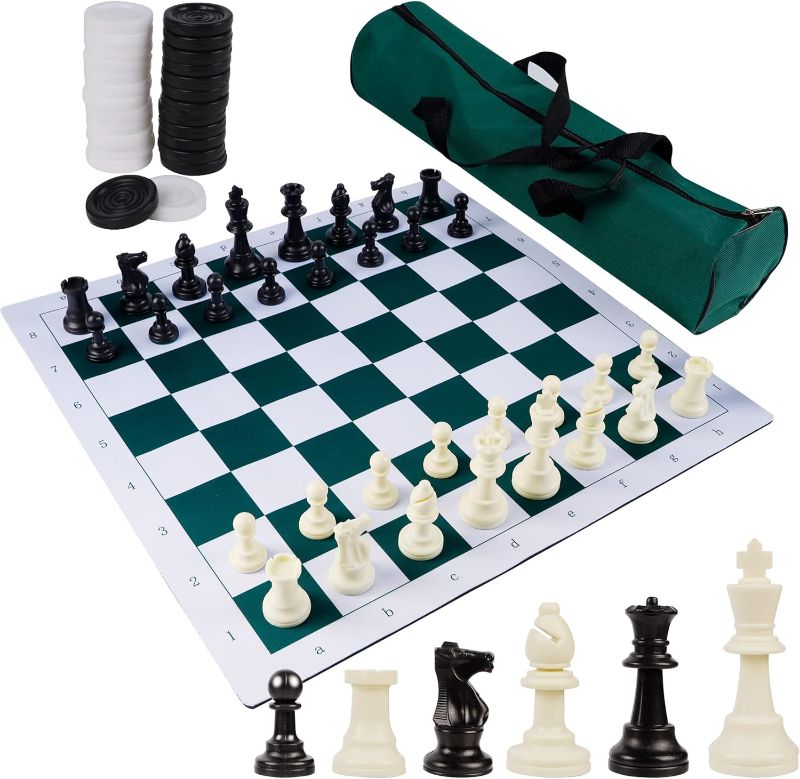Photo 1 of Juegoal 20" Portable Chess & Checkers Set, 2 in 1 Travel Board Games for Kids and Adults, Folding Roll up Chess Game Sets, Extra 26 Checker Pieces, Tournament Thick Mousepad Mat with Storage Bag