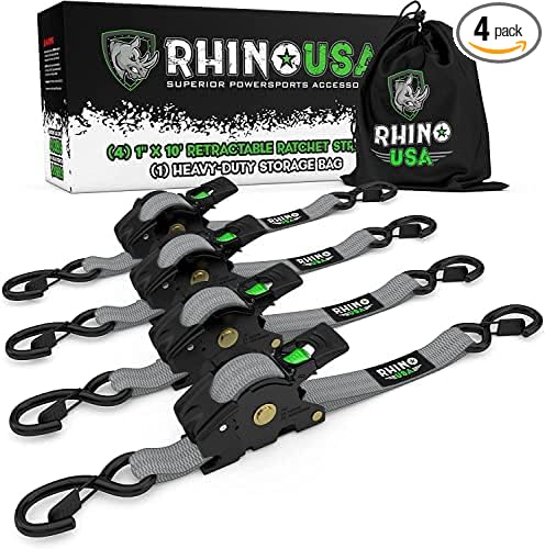 Photo 1 of Rhino USA Retractable Ratchet Tie Down Straps (4PK) - 1,209lb Guaranteed Max Break Strength, Includes (4) Ultimate 1" x 10' Autoretract Tie Downs with Padded Handles. Use for Boat, Securing Cargo