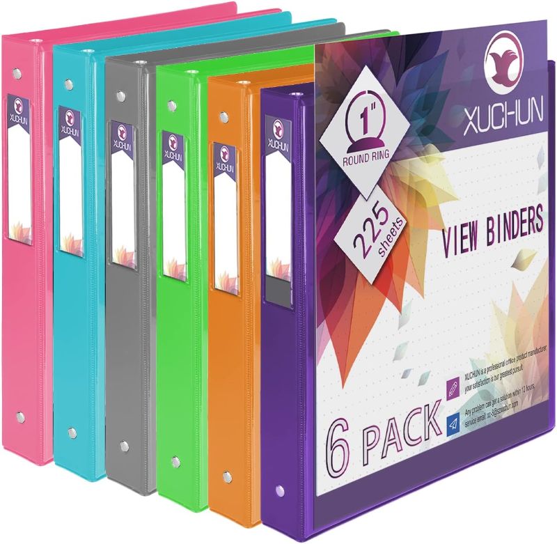 Photo 1 of 6 Pack 1”Inch Round 3 Ring Binder View Binders with 2 Pockets,Holds 225 Sheets Assorted Colors for Office,Home,School DAMAGED