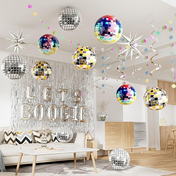 Photo 1 of WOZOZOW Disco Party Decorations, Disco Ball Balloons, 70s 80s 90s Theme Party Decorations, Silver Fringe Backdrops Curtain, Iridescent Party Decorations for Bachelorette Birthday
