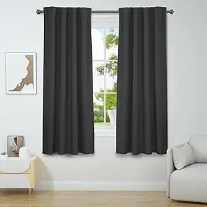 Photo 1 of SYSLOON Linen 100% Blackout Curtains for Bedroom 63 inches Long,Back Tab & Rod Pocket Curtains,Thermal Insulated Room Darkening Curtains for Living Room,Window Curtain Panel 42 x 63 in 2 Panels,Black
