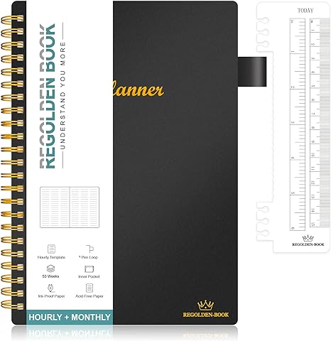 Photo 1 of Weekly Schedule Planner Undated with Year Weekly Monthly, Regolden-Book Hourly Appointment Book Academic Planner, 53 Weeks,12 Month Journal Notebook Productivity with Twin-Wire Binding Flexible Cover for School Teacher Student, Pocket,Pen Loop (5.5"x8.5")