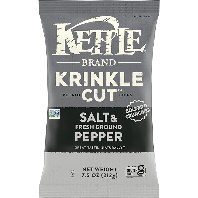 Photo 1 of 3 PCK Kettle Brand Krinkle Cut Salt and Fresh Ground Pepper Kettle Potato Chips, 7.5 Oz Salted EXP MAY 25 2024