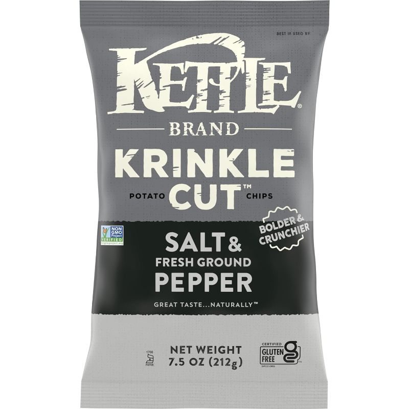 Photo 1 of 3 PCK Kettle Brand Potato Chips, Krinkle Cut, Salt & Fresh Ground Pepper Kettle Chips, 7.5 oz Bag EXP MAY 25 2024
