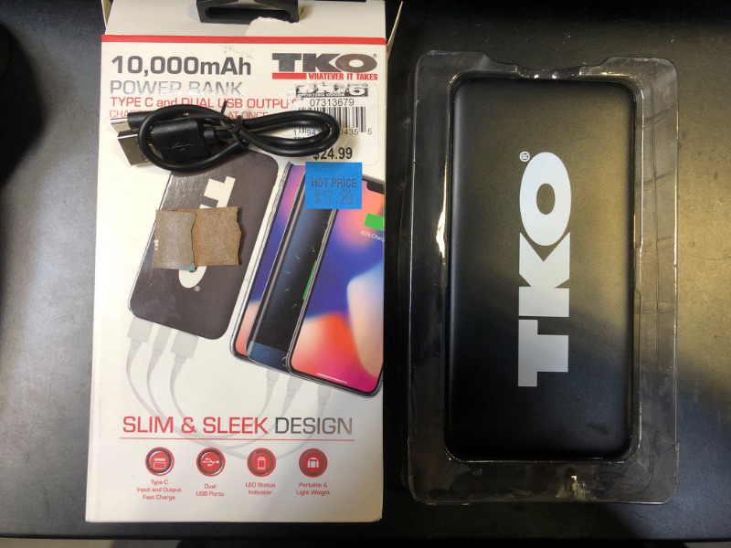 Photo 2 of TKO 10,000 mAh POWER BANK TYPE C AND DUAL USB OUTPUTS CHARGE THREE DEVICES AT ONCE SLIM AND SLEEK DESIGN 