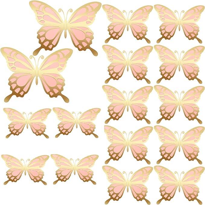 Photo 1 of 16pcs Big Butterfly Party Decorations 3 Size Large Butterfly Decoration 3D Butterflies Wall Decor Giant Butterfly Decor for Birthday Baby Shower Wedding Mariposas Decorativas para Fiesta (Gold Pink)
