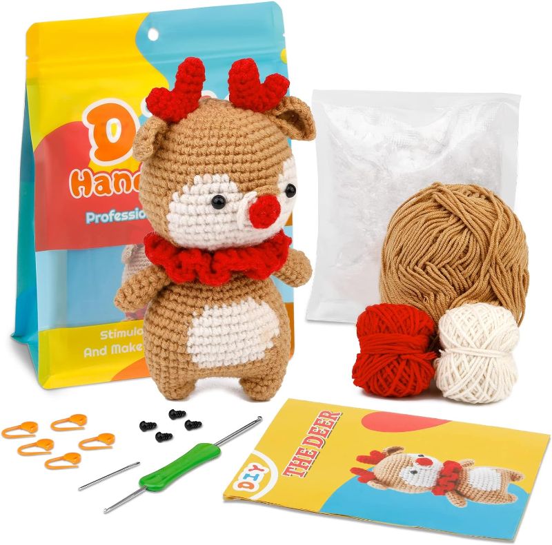 Photo 1 of Beginners Crochet Kit, DIY Crochet Kit For Beginner, Cute Animal Kit Deer Starter Pack With Yarn Balls, Crochet Hooks, Knitting Stitch Markers, Needles, Instructions, Accessories Kit for Beginners
