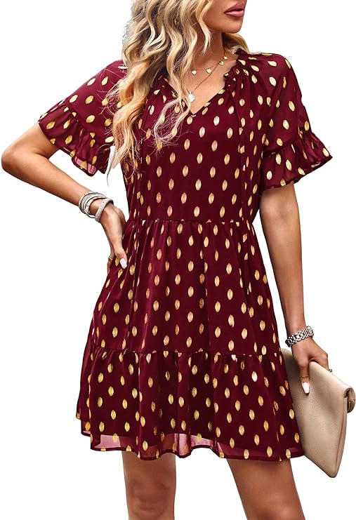 Photo 1 of GAOVOT Women's Long Sleeve V Neck Polka Dot Dress Casual High Waist Ruffle Boho Vintage Flowy Swing Tiered Tunic Mini Dresses- M 
