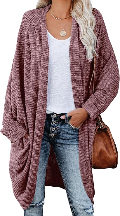 Photo 1 of ZoeAce Womens Open Front Knit Cardigan Long Batwing Sleeve Oversized Sweater Chunky Waffle Cable Boho Pockets Coat
