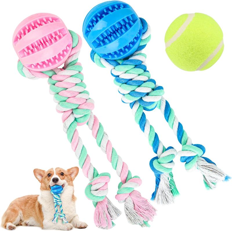 Photo 1 of 2 Pcs Ball On Rope Dog Toy, Dog Treat Toy Ball, Dog Tooth Cleaning Toy, Rope Ball Toy for Puppy Small & Medium Dog, Ball with Rope Dog Toy, Interactive Dog Toys, Tug of War,Tennis Ball
