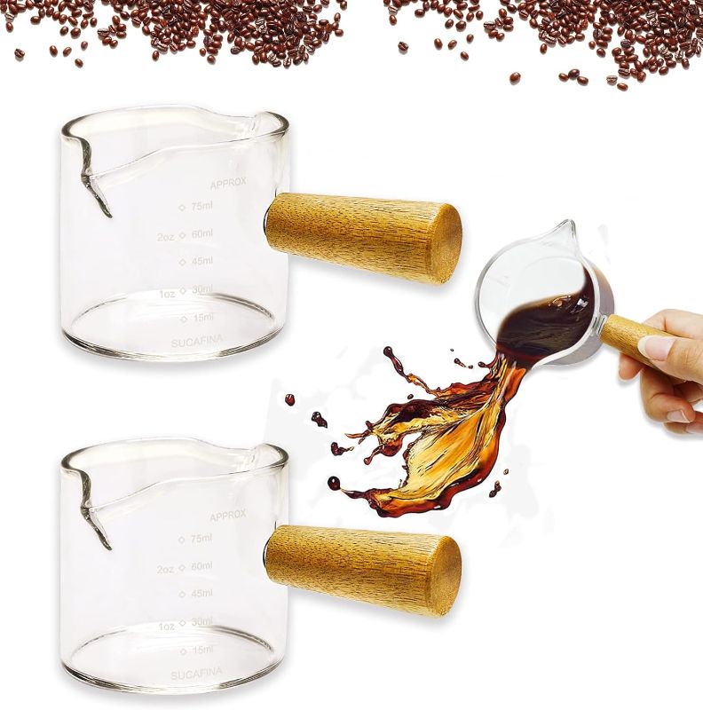 Photo 1 of 2Pcs Double Spouts Espresso Shot Glasses Measuring Glass Espresso Cups Cookware With Wood Handle for Milk Coffee, 100 ml
