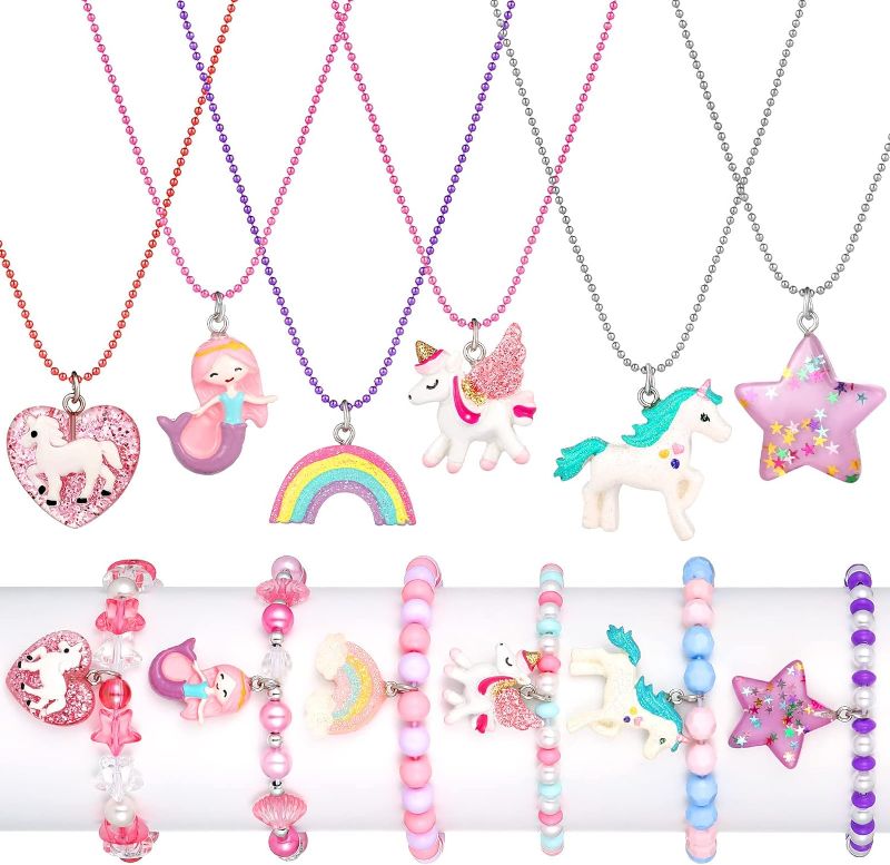 Photo 1 of 12 Pcs Girls Necklaces and Bracelets Set Unicorn Star Heart Necklace Mermaid Rainbow Kids Jewelry for Girls Cute Charm Toddler Bracelets Kids Play Bracelets for Pretend Play Dress Up Party Favors Gift
