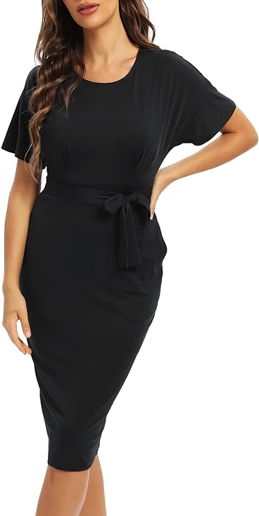 Photo 1 of ALLANDWELL Women's Round Neck Short Sleeve Office Wear to Work Bodycon Slim Work Pencil Dress- S 
