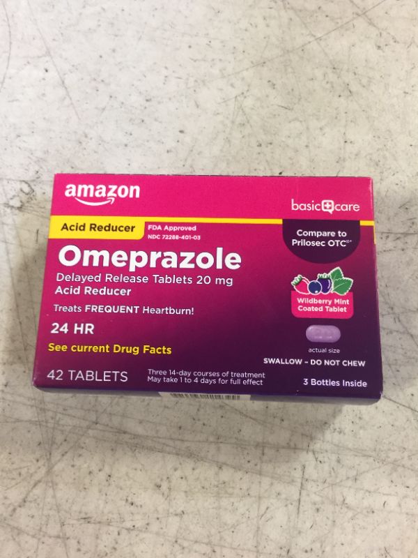 Photo 2 of Amazon Basic Care Omeprazole Delayed Release Tablets 20 mg, Acid Reducer, Wildberry Mint Coated Tablet, 42 Count- 06/2024