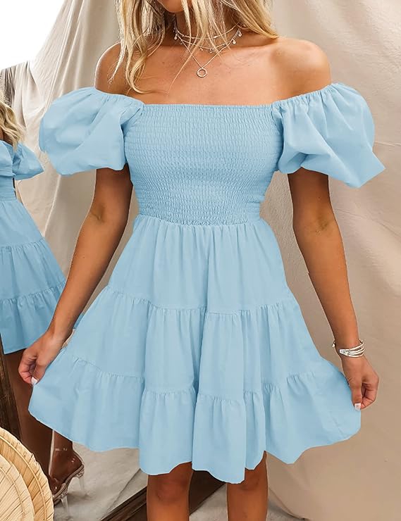 Photo 1 of ZESICA Women's 2024 Boho Summer Square Neck Puff Sleeve Off Shoulder Smocked Tiered Casual A Line Short Mini Dress- XL 
