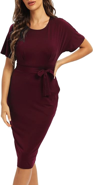 Photo 1 of ALLANDWELL Women's Round Neck Short Sleeve Office Wear to Work Bodycon Slim Work Pencil Dress- L 
