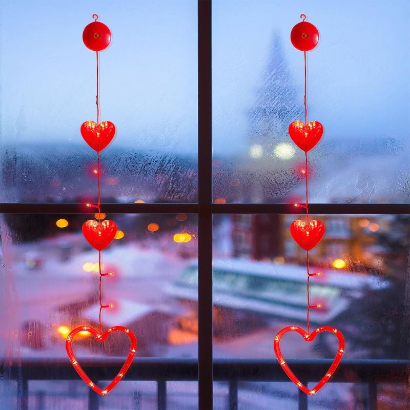 Photo 1 of 2 Pack Valentines Window Hanging Decoration, Battery Operated 3D Red Heart-Shaped Lighted Window Silhouette Decor with Suction Cup Hanger, Valentine's Day Wedding Party Supplies for Indoor Home Decor
